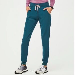 Figs Zamora Joggers in Caribbean Blue with pink drawstring